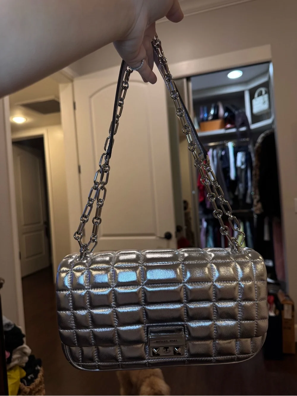 Michael Kors Silver Quilted Tribeca Shoulder Bag